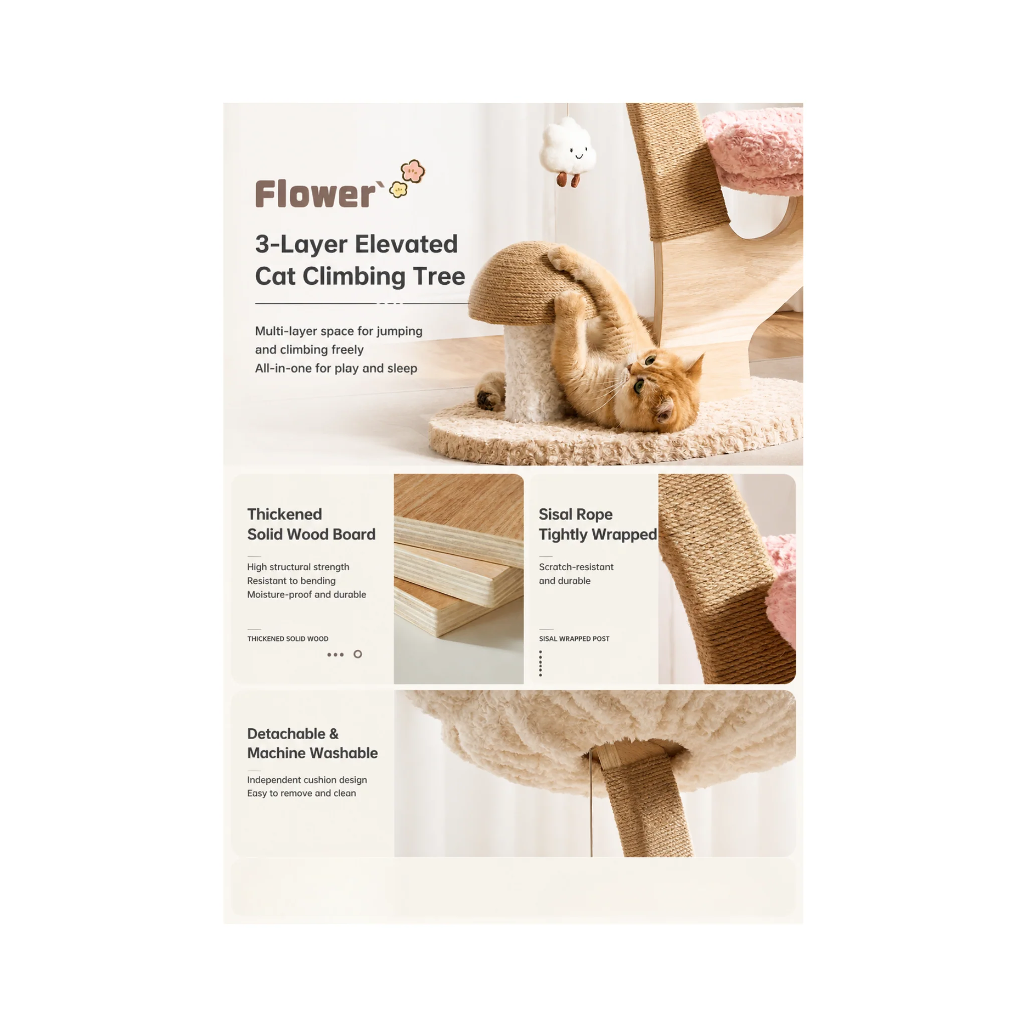 ADS PET Flower Series Pink Cat Tree – 3-Tier with Sisal Scratching Post - Image 4