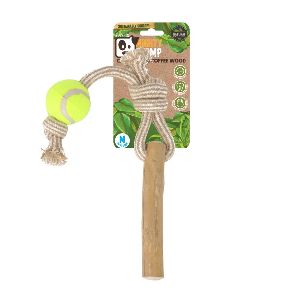 Furkidz Mighty Chomp Coffee Wood Rope Tugg with Tennis Ball Medium